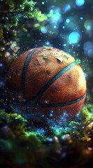 Vintage basketball in enchanted forest