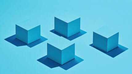 Fototapeta premium Four light blue cubes on a blue background casting shadows.