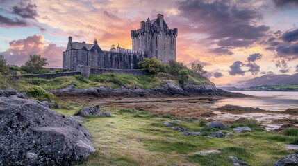 Fototapeta premium Photograph of an elaborate stone castle with tall towers on the shore, with a sunset in the background, surrounded by lush green grass and trees, located in Ireland. 