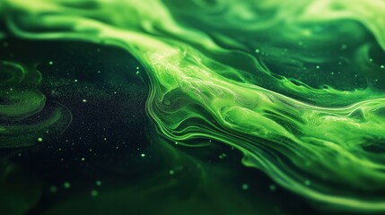 Glowing green fluid waves with swirling motion and cosmic energy
