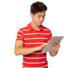 portrait of a young man holding a digital tablet over a transparent background. PNG transparent