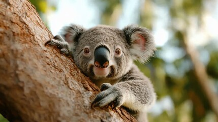 Naklejka premium Koala climbing a tree in the serene forest during golden hour