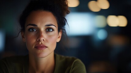 Obraz premium Intense gaze of a determined woman amidst the soft bokeh lights of the office