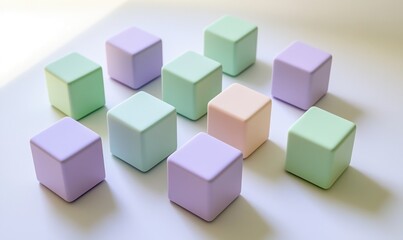 Fototapeta premium Pastel cubes arranged in a grid pattern on a white background.
