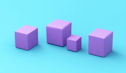 Obraz premium Four pastel purple cubes of varying sizes on a light blue background.