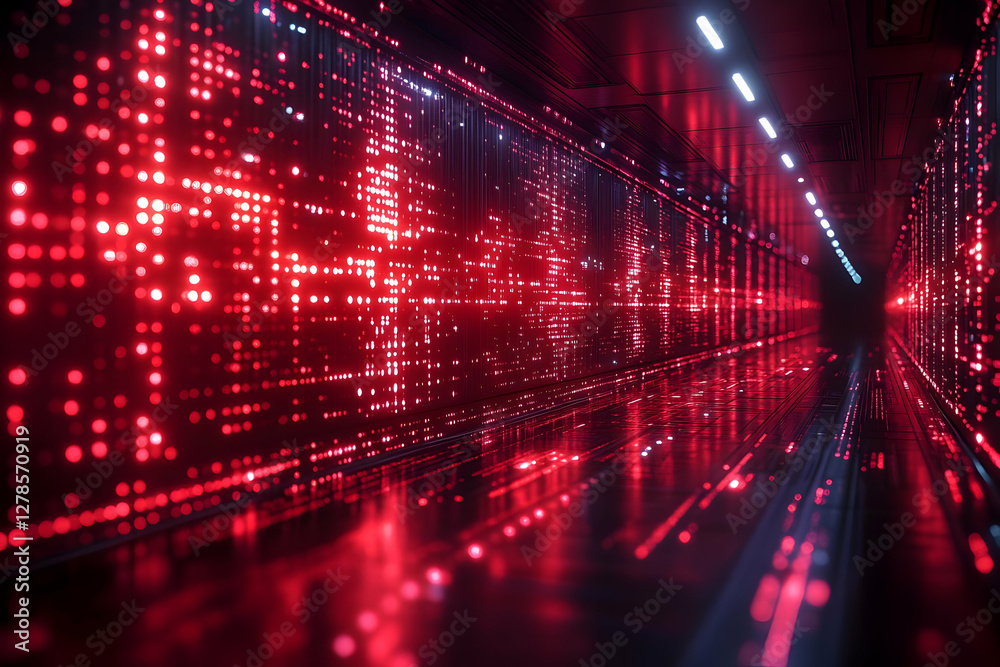 Poster abstract red light tunnel perspective in dark background digital structure and geometric pattern