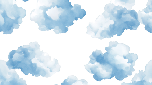 Seamless pattern of watercolor clouds on transparent background, ideal for textile, wrapping paper, or scrapbooking projects