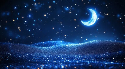 Naklejka premium Sparkling Blue Night Sky with Crescent Moon and Stars