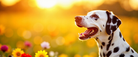 Energetic Dalmatian barking in colorful flower garden at sunrise, National Pet Day
