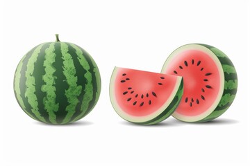 Whole Watermelon and Slices Displayed on White Background