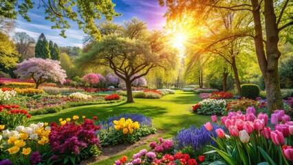A lush spring garden filled with vibrant colorful flowers and blooming trees in full bloom