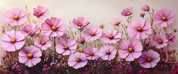 Pink Cosmos Flower Field Soft Pastel Floral Background