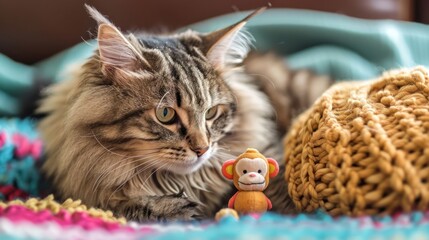 A fluffy cat sits next to a colorful toy monkey on a cozy blanket.
