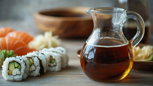 A close-up shot showcasing a jug of vinegar alongside boiled rice and sushi rolls, all presented on a light wooden background