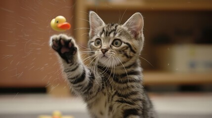 A playful kitten reaching for a small rubber duck toy in a cozy indoor setting.