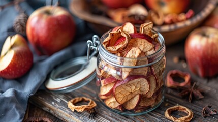 A jar filled with dried apple slices, surrounded by fresh apples and spices on a wooden table.