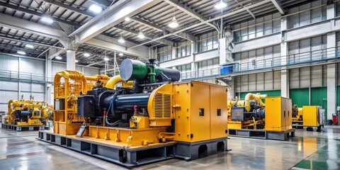 Fototapeta premium Industrial facility with a large diesel-powered generator in the background, surrounded by various machinery and equipment, industrial site, industrial environment