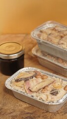 Chef cooking, clip have sound effects. Fried Turnip Cake on wooden table. Traditional Chinese food. Fried Carrot Cake or local call name "chai tow kway". Ingredients of Turnips Cake.