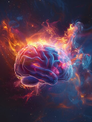 Fototapeta premium A surreal representation of consciousness, where a human brain seamlessly merges with the cosmos, illustrating the connection between mind and universe.