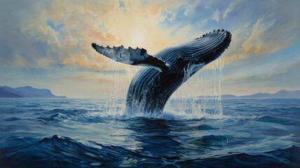 Fototapeta premium Abstract painting on silk with a view of a whale on the surface of the sea spouting water into the air