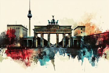 Brandenburg Gate Artistic Watercolor Splash &ndash; Berlin Landmark Illustration