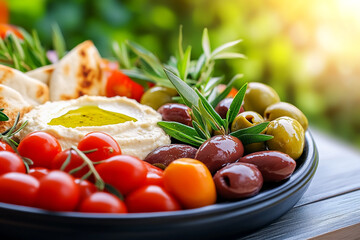 A beautifully arranged platter featuring vibrant Mediterranean delicacies such as plump olives, juicy red tomatoes, and freshly baked bread, showcasing culinary art and cultural flavor.