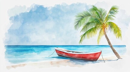 Watercolor Painting of a Boat Moored on a Tropical Beach