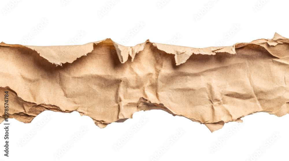 Poster Crumpled brown wrapping paper displaying torn edges against transparent backdrop
