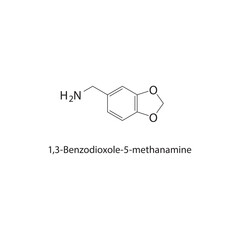 1,3-Benzodioxole-5-methanamine skeletal structure.Amine compound schematic illustration. Simple diagram, chemical formula.