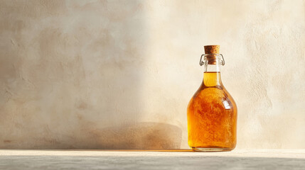 A glass bottle filled with apple cider vinegar rests on a light-colored stone countertop, offering a clean and minimalistic composition with ample copy space
