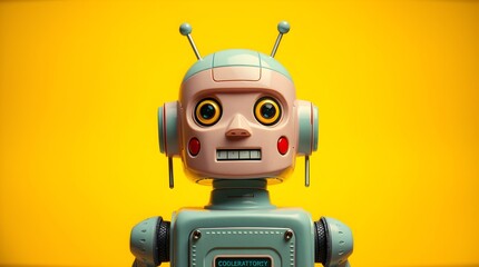 Fototapeta premium white humanoid robot with a glowing red eye against a bright orange backdrop. The soft, pastel lighting and shallow depth of field create a gentle, futuristic aesthetic. 