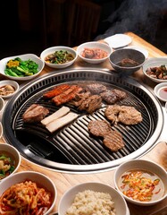Grilling meat and vegetables on korean bbq grill with side dishes