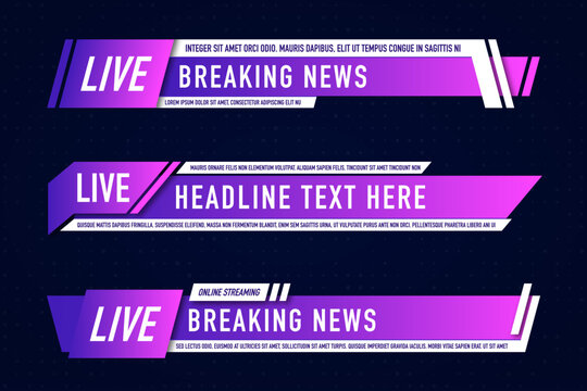 Lower third, TV broadcast tags. Lower third overlay design elements. Collection of TV headers and bars for news and sports channels, online streaming services, and broadcasting. Vector