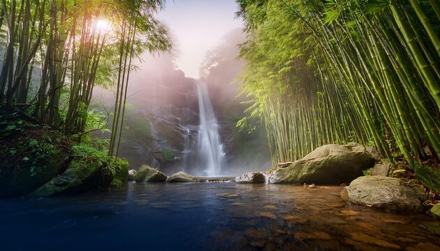 Waterfall cascading into a foggy bamboo forest at sunrise