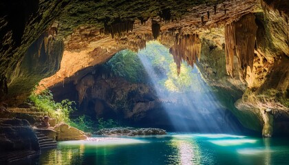 Naklejka premium Sunbeams lighting hidden grotto with crystal clear water and stalactites
