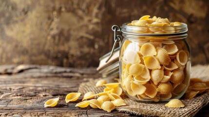 A jar filled with uncooked pasta shells on a rustic wooden surface.