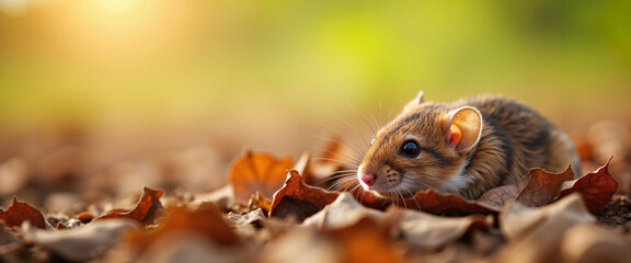 Fototapeta premium House mouse blending into dry leaves in morning light, nature's harmony