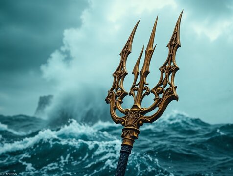 Golden Poseidon’s trident against stormy ocean waves