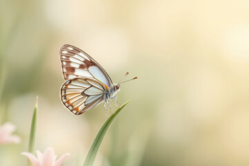 Fototapeta premium Warm-toned fluffy brown butterfly perched on a single blade of grass against a softly blurred beige background, a gentle and natural representation of wildlife in delicate balance.