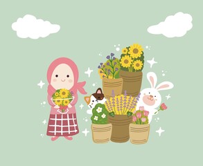 Naklejka premium ramadhan elements - cute muslimah on ramadhan - cute islamic hijab girl on ied mubarak with bouquet of flowers and cat