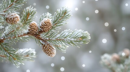 Snow-covered pine branches display winter's beauty with crystalline snowflakes and evergreen needles, creating pristine white scenes and natural bokeh background in moody winter atmosphere