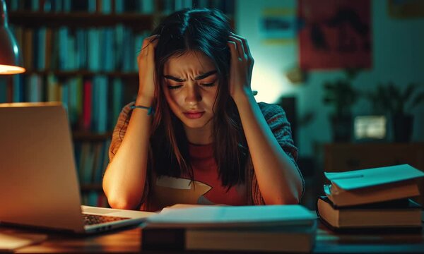 Young woman student stressed studying late night at desk with laptop and books, concept for education, learning, exam preparation, and stress