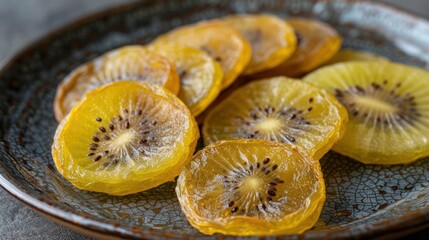 Dried kiwi slices arranged on a textured plate, showcasing their vibrant color and texture.
