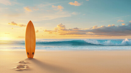 Yellow surfboard stands on sandy beach at sunset with ocean waves in background