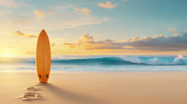 Yellow surfboard stands on sandy beach at sunset with ocean waves in background