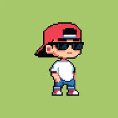 A retro-style pixel art of a cool little kid with vintage green background