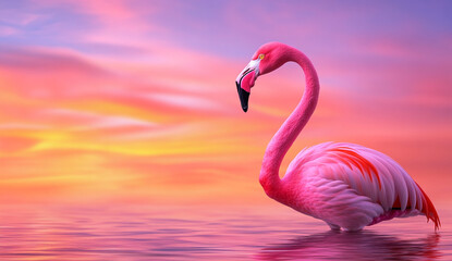 Fototapeta premium A vibrant pink flamingo gracefully wading through calm waters at sunset, surrounded by a stunning orange and purple sky reflecting against the surface, creating a serene atmosphere.