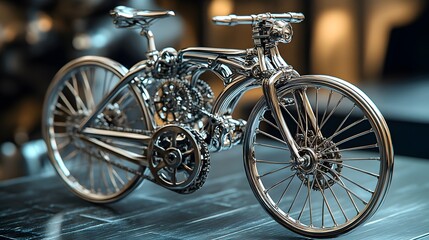 Obraz premium Metallic bicycle miniature toy showcases silver chrome finish with detailed mechanical parts and intricate gear wheels, capturing vintage style and industrial design in dramatic studio lighting.