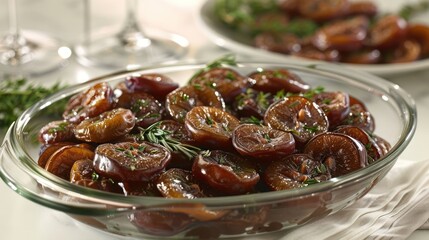 Fototapeta premium A dish of glazed figs garnished with herbs, presented in a glass bowl.