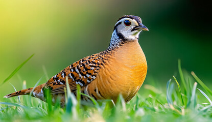 A curious quail stands gracefully in lush green grass, its delicate feathers adorned with intricate patterns, surrounded by bright wildflowers in a serene garden setting.